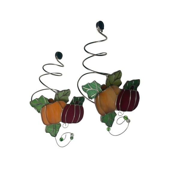 Autumn Pumpkins Stained Glass Sun Catcher Fall Ornament Set x2 Wine Bottle Charm - Picture 8 of 8